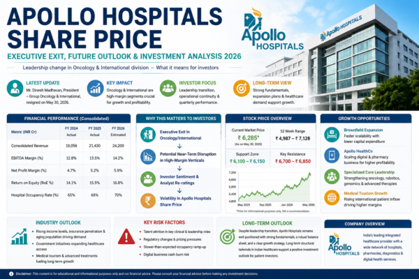 Apollo Hospitals Share Price analysis showing leadership transition impact and future growth outlook in 2026