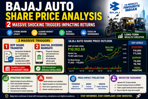 Bajaj Auto Share Price Analysis 2026 showing SEBI regulatory impact, digital dividend mandate, IEPF share transfer, stock outlook, and technical price projections