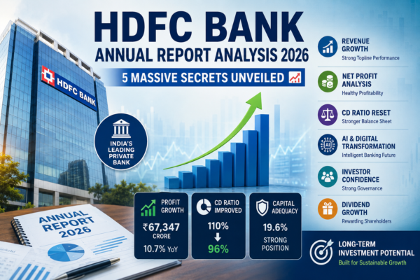 HDFC Bank Annual Report Analysis 2026 showing revenue growth, profit analysis, digital banking transformation, and share price outlook