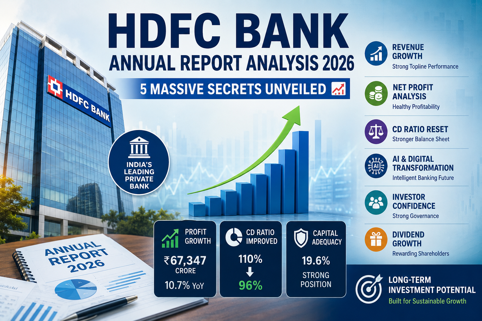HDFC Bank Annual Report Analysis 2026 showing revenue growth, profit analysis, digital banking transformation, and share price outlook