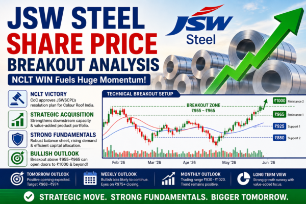JSW Steel Share Price breakout analysis chart showing bullish momentum after NCLT approval and strategic acquisition update on NSE India.