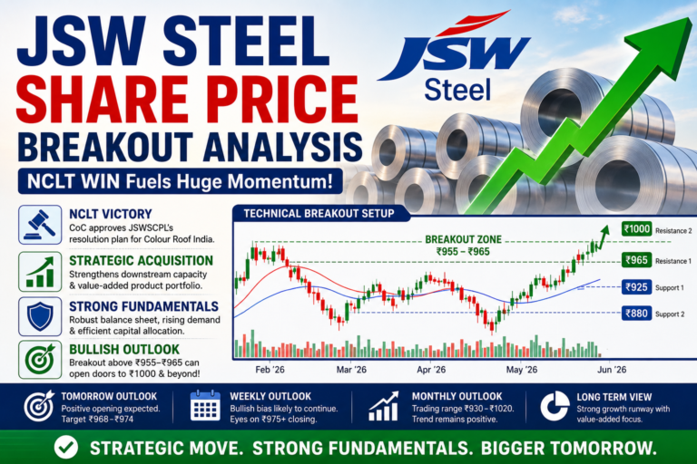 JSW Steel Share Price breakout analysis chart showing bullish momentum after NCLT approval and strategic acquisition update on NSE India.