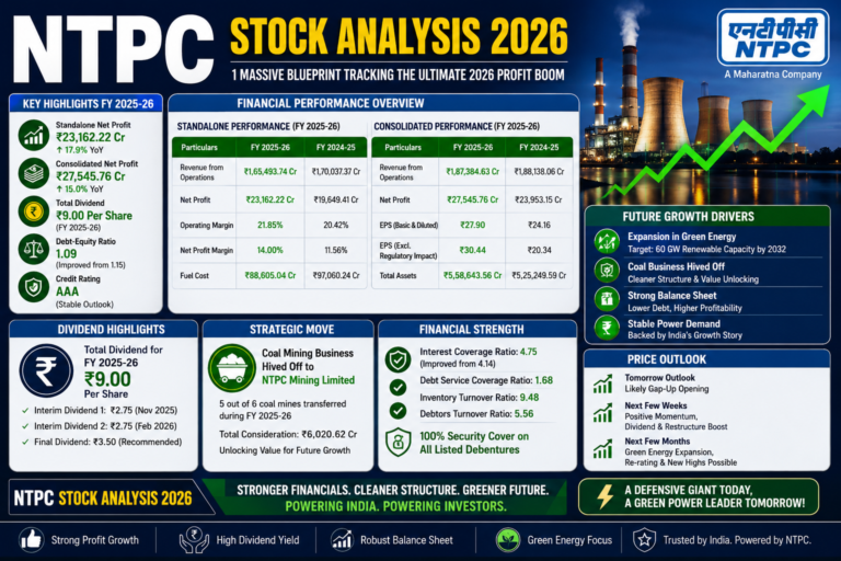 NTPC Stock Analysis 2026 showing profit growth, dividend payout, green energy expansion, and future share price outlook