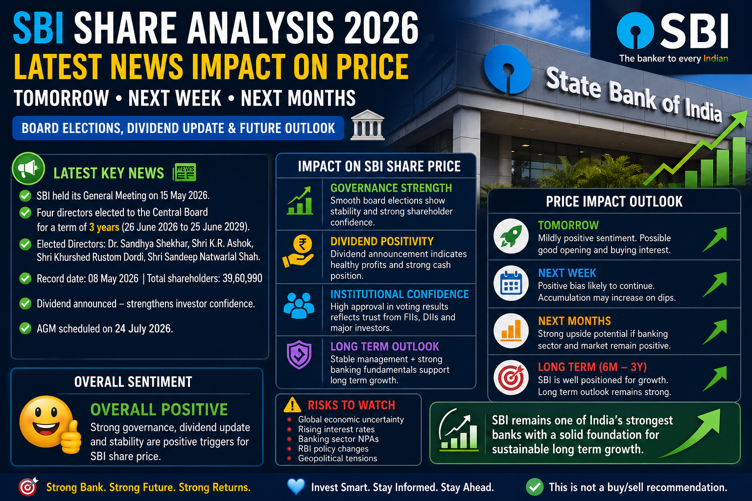 SBI Share Analysis 2026 infographic showing latest news impact on SBI stock price, board elections, dividend update, tomorrow and long term outlook