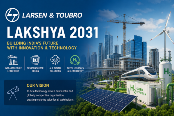 Larsen and Toubro Lakshya 2031 Strategy Analysis showcasing infrastructure development, AI technology, semiconductor innovation, and green hydrogen projects in India.