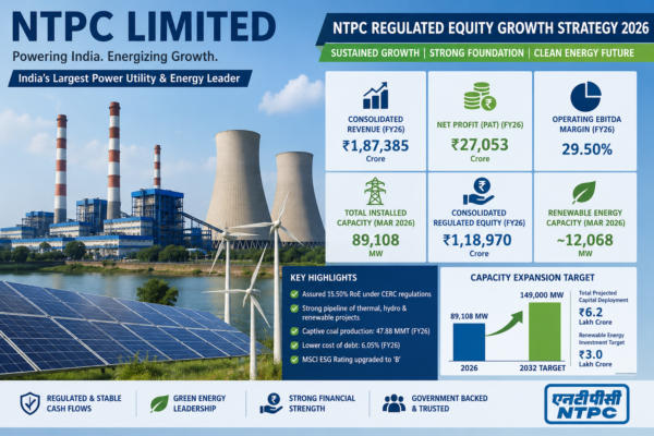 NTPC Regulated Equity Growth Strategy 2026 showing power generation assets, renewable energy expansion, financial performance, and long-term capacity growth targets