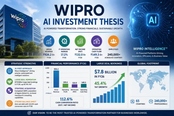 Wipro AI Investment Thesis showing AI transformation strategy, financial performance, cash flow growth, and global technology services footprint