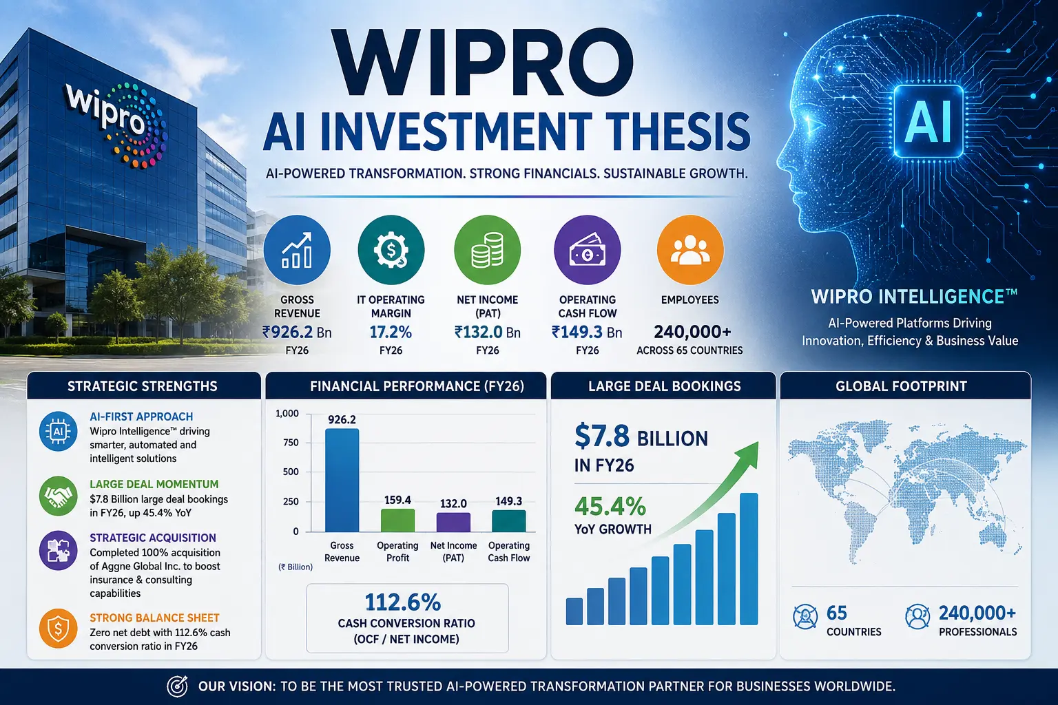 Wipro AI Investment Thesis showing AI transformation strategy, financial performance, cash flow growth, and global technology services footprint